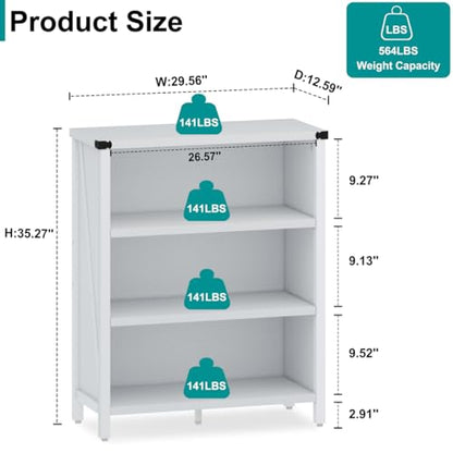 White Bookshelf, 3-Tier Wooden Bookcase with Adjustable Shelves, Small Farmhouse Floor Book Cases/Shelves with Open Storage for Home Office School Library Bedroom Kids