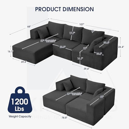107'' Modular Sectional Sofa, L Shaped Cloud Couch for Living Room, Modern Boneless Sofa with Chaise for Bedroom, Gray