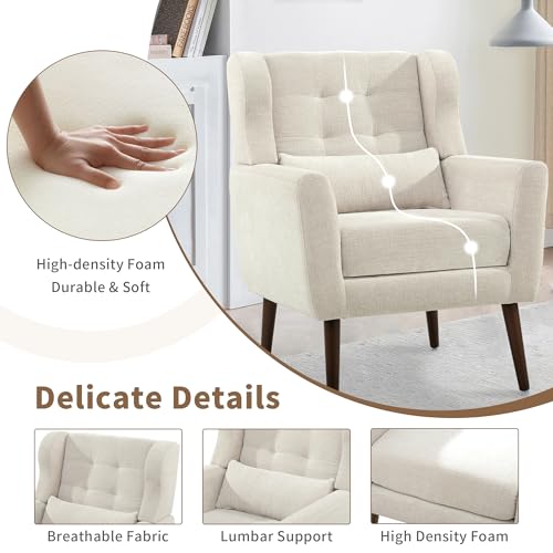 Modern Accent Chair, Upholstered Arm Chair with Waist Pillow, Single Sofa Chair for Living Room Bedroom Small Spaces (Beige)