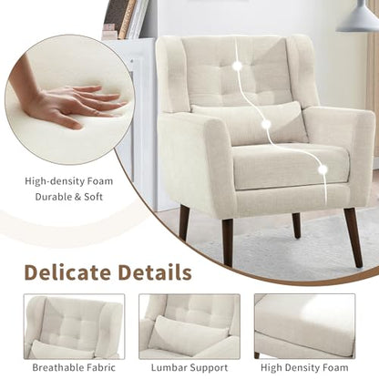 Modern Accent Chair, Upholstered Arm Chair with Waist Pillow, Single Sofa Chair for Living Room Bedroom Small Spaces (Beige)