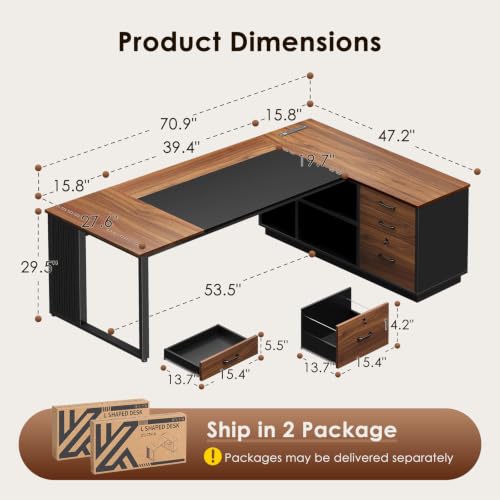 71 Inch L Shaped Executive Desk with Storage, Walnut+ Black, view 4