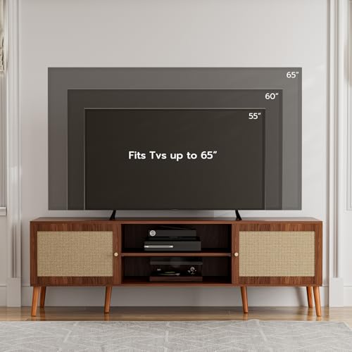 TV Stand with Rattan Doors for TVs up to 65", Mid-Century, Walnut, view 4