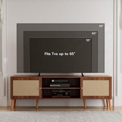 TV Stand with Rattan Doors for TVs up to 65", Mid-Century, Walnut, view 4