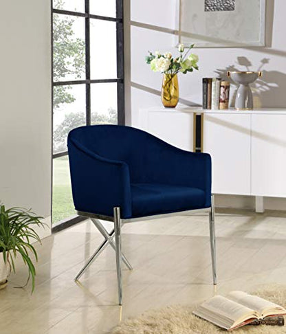 Meridian Furniture Xavier Collection Modern | Contemporary Velvet Upholstered Dining Chair with Sturdy Steel X Shaped Legs, 25.5" W x 24.5" D x 31.5" H, Navy