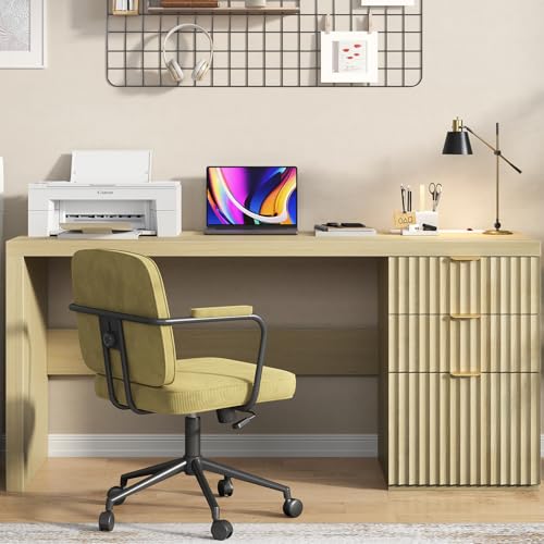 60" Fluted Executive Desk with Ample File Drawer & Large Charging Station, Wood Modern Home Office Desk with Storage, Computer Writing Desk for Work, Living Room, Bedroom, Durable & Sturdy, Natural