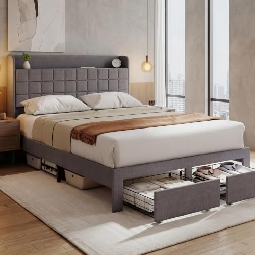 Full Bed Frame, Upholstered Platform Bed Frame with Storage Drawers, view 2