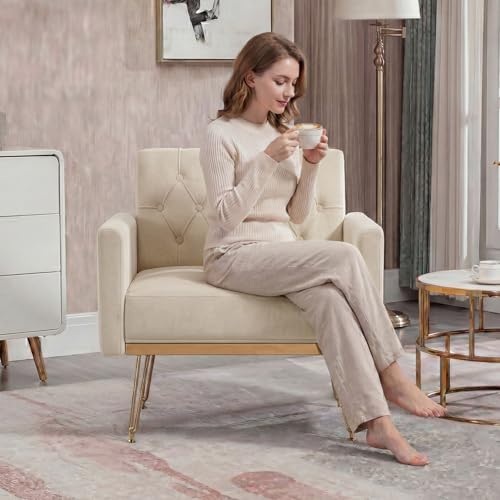 Accent Chair with Arm for Living Room, Velvet Modern Armchair Single Sofa Cozy Tufted Upholstered Reading Side Chairs with Gold Metal Leg for Bedroom Decorate