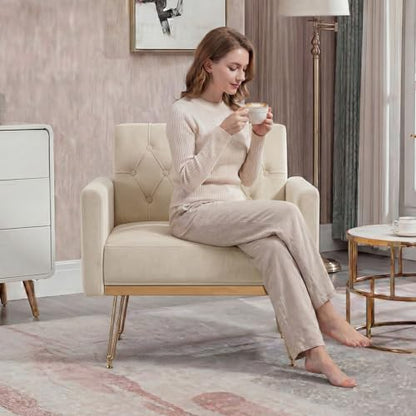 Accent Chair with Arm for Living Room, Velvet Modern Armchair Single Sofa Cozy Tufted Upholstered Reading Side Chairs with Gold Metal Leg for Bedroom Decorate