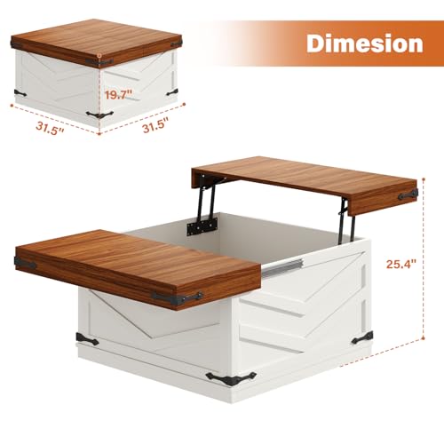 31.5'' Lift Top Coffee Table, Sliding Top Square Center Table with Large Hidden Storage Organizer, Multi-Functional Farmhouse Coffee Tables for Living Room, Bedroom, Home Office, White