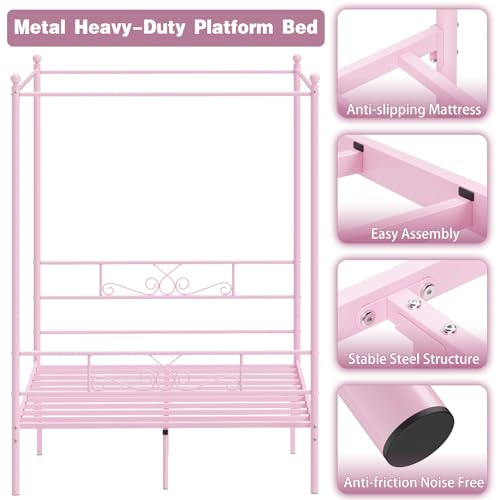Full Metal Canopy Platform Bed Frame with Headboard, Pink, view 5