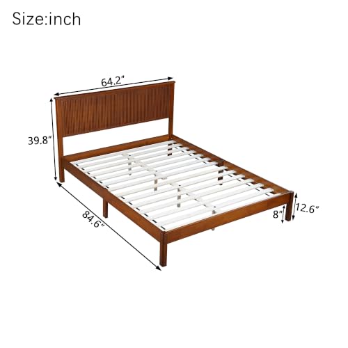 JIVOIT Queen Size Solid Rubber Wood Platform Bed with Wave-Styled Headboard | Bed Frame, Central Support Beams, Reinforced Platform Feet, Underbed Storage Space, Wood Slats Support, Bedroom