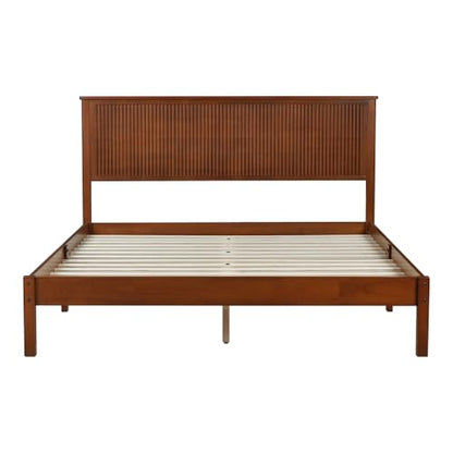 JIVOIT Queen Size Solid Rubber Wood Platform Bed with Wave-Styled Headboard | Bed Frame, Central Support Beams, Reinforced Platform Feet, Underbed Storage Space, Wood Slats Support, Bedroom
