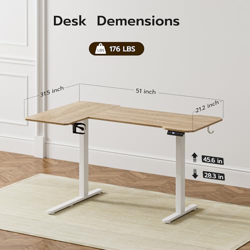 L Shaped Electric Standing Desk - 51x31.5 Inch Reversible Corner Sit Stand Desk with Hook&Cup Holder,Electric Height Adjustable Table,for Small Home Office&Bedroom Computer Desk, Oak
