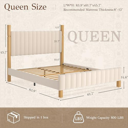 Queen Bed Frame with Headboard, Solid Wood Bed Frame Queen Size, view 3