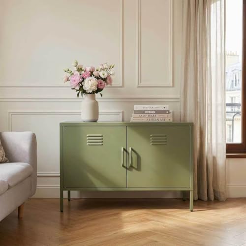 Green Metal TV Stand Cabinet, 2 Door Steel Storage Locker with Adjustable Shelf, view 2