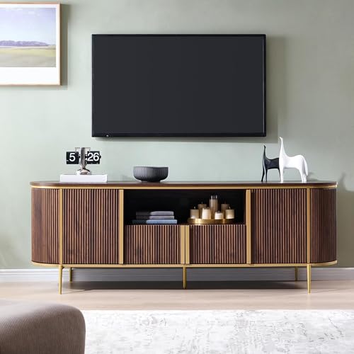 70" Fluted TV Stand with Storage, Faux Marble Top Entertainment Center for TVs Up to 80", Modern Curved Edge Media Console Cabinet for Living Room, Dark Walnut