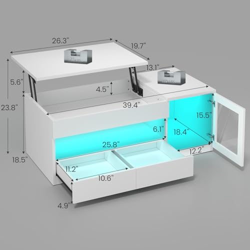 39.4" Lift Top Coffee Table with 2 Drawers, Modern LED Coffee Tables for Living Room, Coffee Table with Glass Storage Cabinet, White