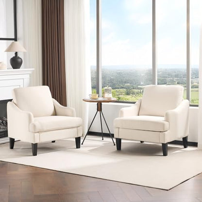 Linen Fabric Accent Chairs Set of 2, Beige Modern Upholstered Armchair, Comfy Sofa Chair Living Room Bedroom Furniture for Apartment