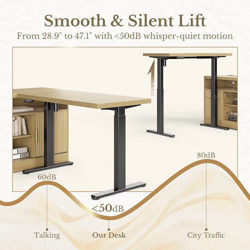 L Shaped Standing Desk, 67 Inches Electric Adjustable Desk with Storage & 2 File Cabinets, Fluted Executive Corner Desk for Home Office with Built-in Outlets，1.18" Desktop, Light Walnut