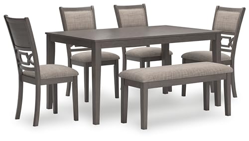 Signature Design by Ashley Wrenning Diamond Patterned Dining Table Set, 4 Upholstered Chairs and Bench, Seats 6, Wood, Gray