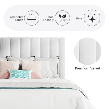 Queen Bed Frame/Velvet Upholstered Platform Bed Frame with Headboard/Strong, view 7