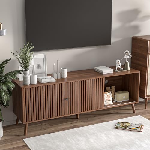 Mid Century Modern TV Stand for Televisions up to 70 Inches, with Sliding Doors and Storage, Television Stands, TV Consoles, Media Consoles for Living Room, 63 Inch (Walnut)