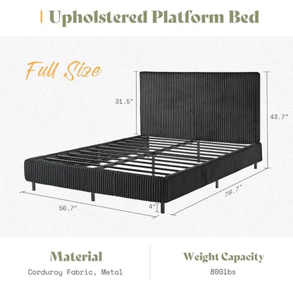Upholstered Bed Frame, Metal Bed with Headboard, Full Black, view 3