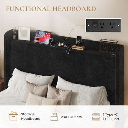 Queen Bed Frame with Chenille Storage Headboard and USB, Black, view 5