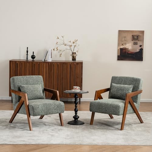 Mid-Century Modern Accent Chair Set of 2 with Solid Wood Frame，Upholstered Chenille Living Room Arm Chairs with Pillow for Bedroom, Living Room, Reading Room, Balcony, Green