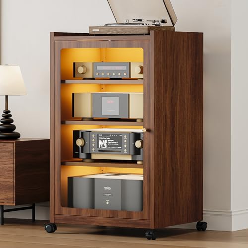 Media Cabinet with LED Lights and Glass Door, Metal Stereo Cabinet Brown, view 2