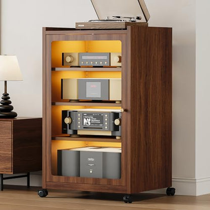 Media Cabinet with LED Lights and Glass Door, Metal Stereo Cabinet Brown, view 2