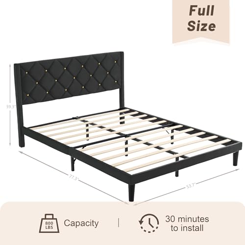 Full Size Platform Bed Frame with Velvet Headboard, view 3