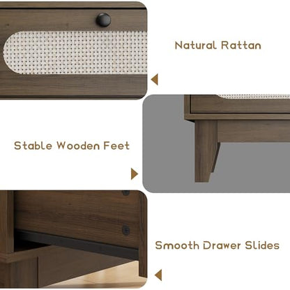 Rattan 6-Drawer Storage Dresser with USB Ports and Power Outlets, Wooden Chest for Bedroom and Living Room, Natural Oak Finish