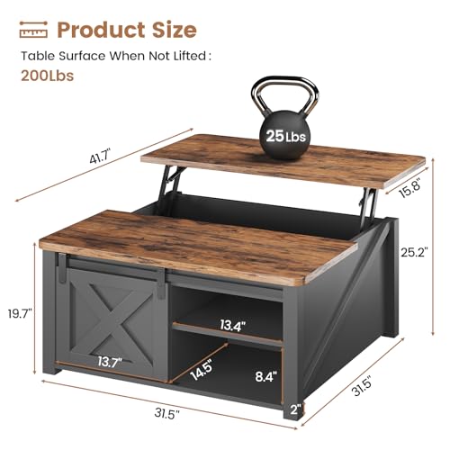 31.5" Lift Top Coffee Table with Storage, Square Coffee Tables for Living Room, Farmhouse Coffee Table with Large Hidden Storage Compartment and Adjustable Shelves, Black