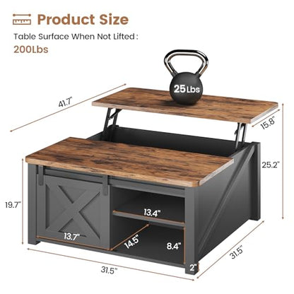 31.5" Lift Top Coffee Table with Storage, Square Coffee Tables for Living Room, Farmhouse Coffee Table with Large Hidden Storage Compartment and Adjustable Shelves, Black