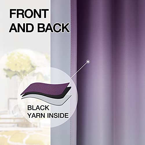 Rod Pocket Ombre Room Darkening Curtains for Bedroom, Light Blocking Gradient Purple and Greyish White Thermal Insulated Curtains Drapes for Living Room,2 Panels, 52x84 inches Length