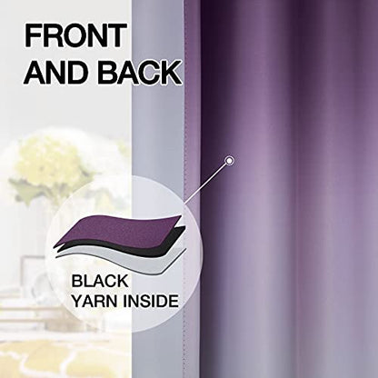 Rod Pocket Ombre Room Darkening Curtains for Bedroom, Light Blocking Gradient Purple and Greyish White Thermal Insulated Curtains Drapes for Living Room,2 Panels, 52x84 inches Length