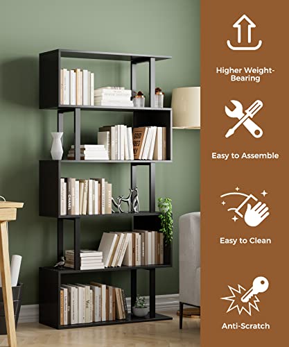 5-Tier Tall Bookshelf, S-Shaped Book Shelf Unit, Black, view 5