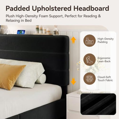 Queen Size Platform Bed Frame with Velvet Upholstered Headboard, view 5