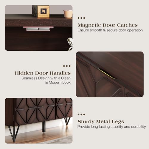 63" Solid Wood Buffet Cabinet with Geometric Doors, Dark Walnut, view 5