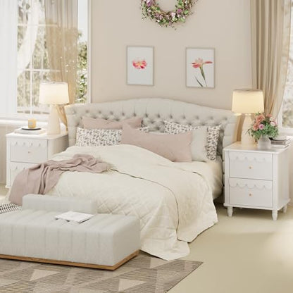 White Nightstand Side End Table with 2 Drawers, Modern Wood Night Stand with Petal Pattern for Bedroom, Scalloped Bedside Night Tables with Solid Wood Legs