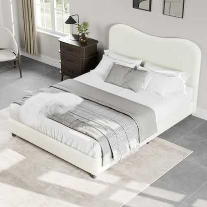 Full Size Bed Frame with Boucle Fabric, Beige, view 6