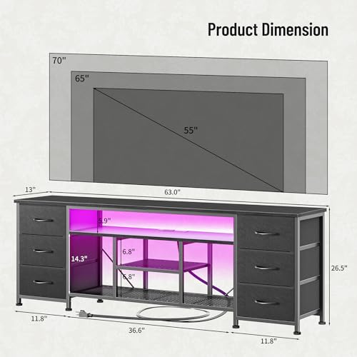 LED TV Stand for 65, 70 Inch TV, 63 Inch Entertainment Center with Power Outlets, 6 Fabric Drawers Dresser for Bedroom, Media Console with Open Shelves, PU Leather Surface, Black
