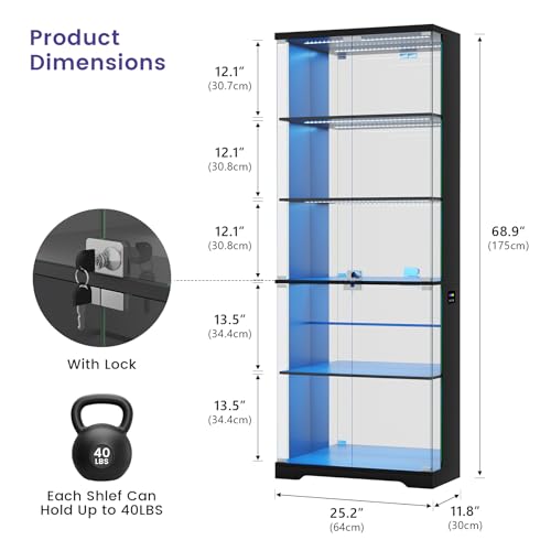 Glass Display Cabinet with Doors and RGB LED Lights | 69" Tall Curio Cabinet, 5-Tier Wooden Shelves, Lockable Display Case, Motion Sensor, for Collectibles, Living Room, Black