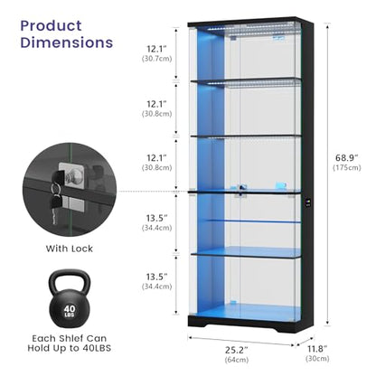 Glass Display Cabinet with Doors and RGB LED Lights | 69" Tall Curio Cabinet, 5-Tier Wooden Shelves, Lockable Display Case, Motion Sensor, for Collectibles, Living Room, Black