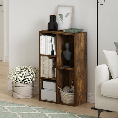 LUDER Book Shelf, 5-Cube Bookshelf, Reversible Bookcase, 9.4 x 19.5 x 31.5, Easy Assembly, for Living Room, Bedroom, Home Office, Amber Pine