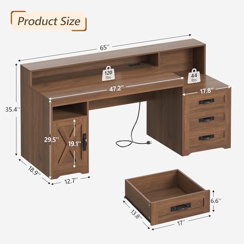65" Farmhouse Computer Desk with Drawers and Printer Stand for Home Office, view 3