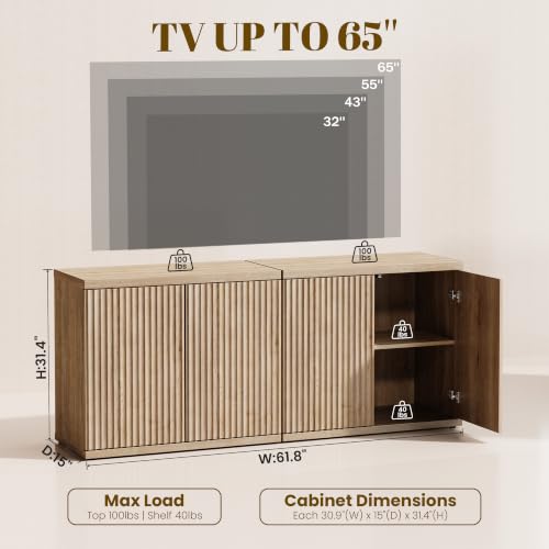 61.8" TV Stand for Living Room,Fluted Media Console Fits 55–65 Inch TVs, view 3