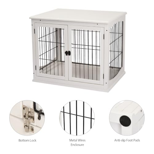 Dog Crate Furniture 32" Small Dog Cage End Table with 2 Doors White, view 7