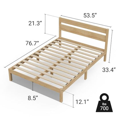 Full Bed Frame with Headboard Classic Wood Platform, Noise Free, view 3